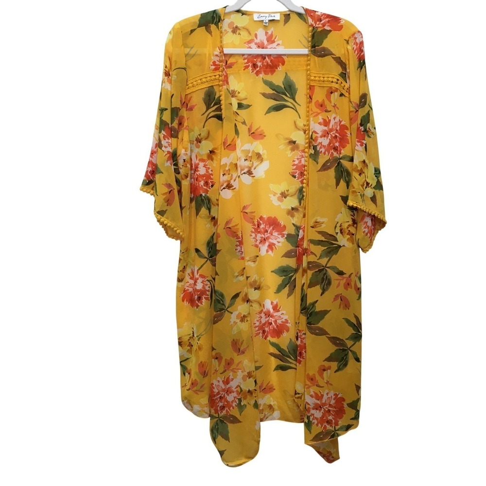 Emory Park Floral Kimono Large Yellow Embroidered Summer Festival Coverup Beach